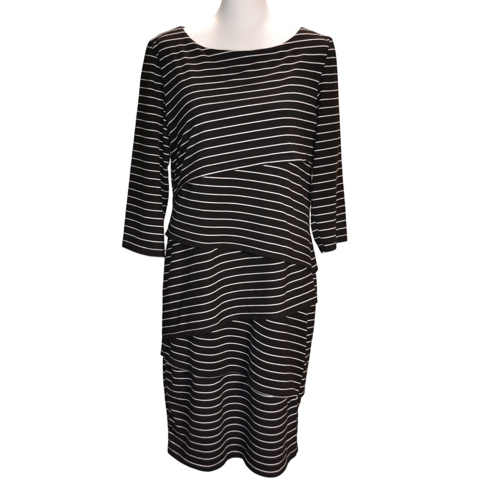 Ronni Nicole Tiered Sheath Dress Womens 16 Black White Striped 3/4 Sleeve Travel